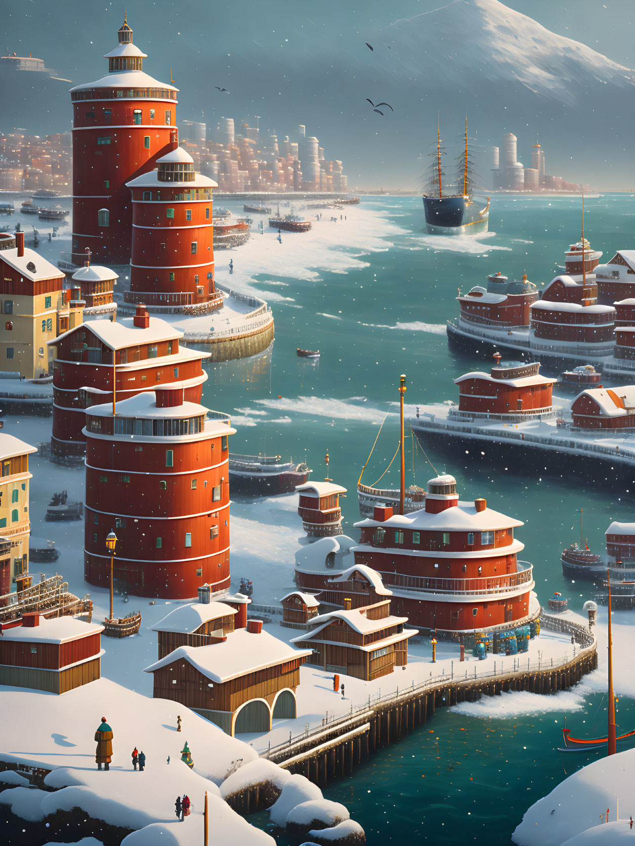 Snow-covered port town with red-roofed buildings and boats in winter