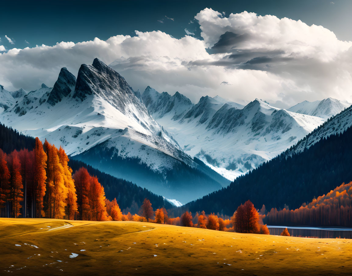 Scenic landscape with snow-capped mountains, autumnal trees, serene lake