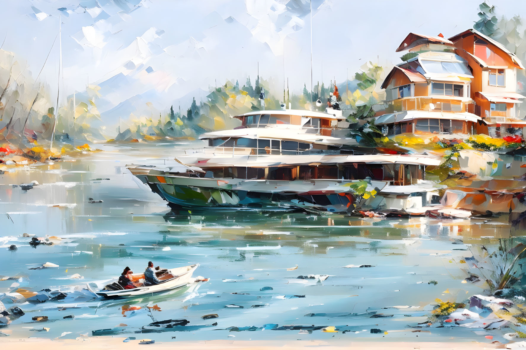 Serene lakeside scene with boat, rowboat, houses, and vibrant foliage