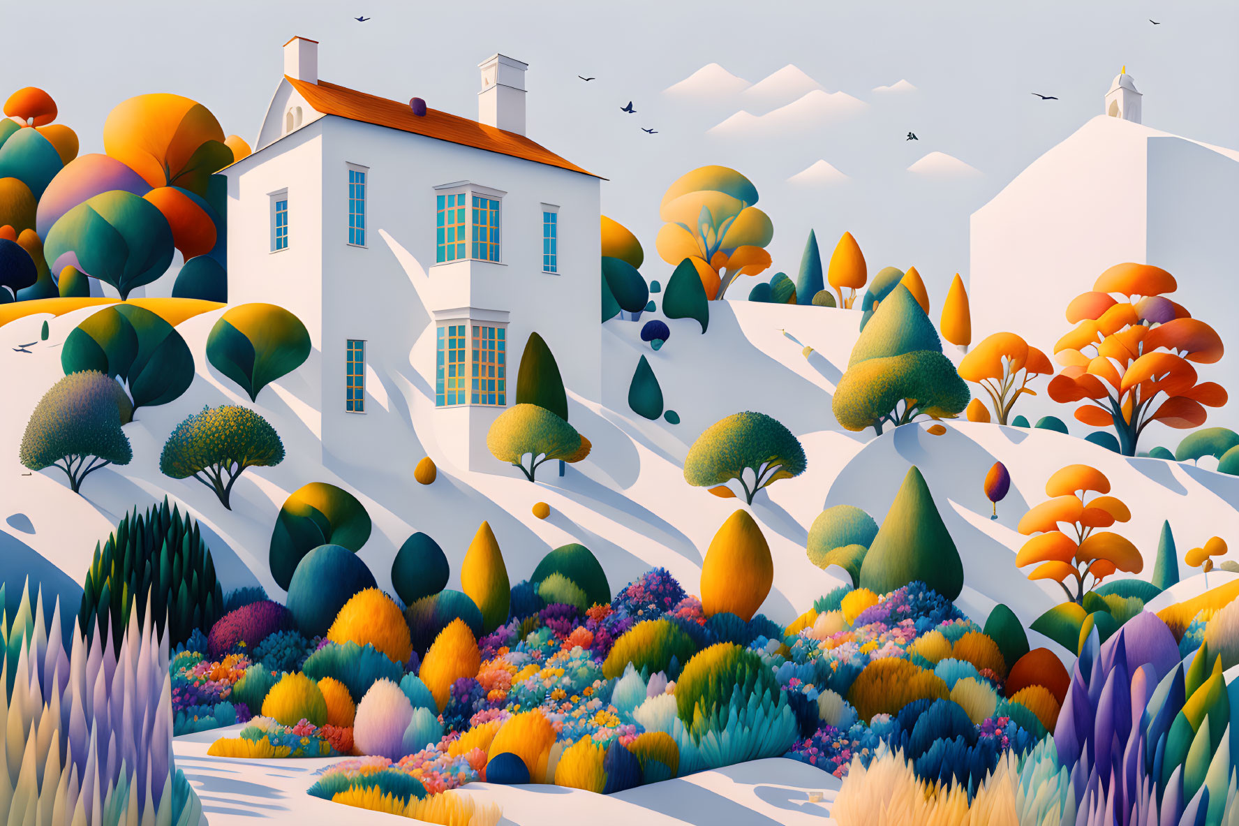 Colorful Stylized Illustration of White House & Vibrant Trees