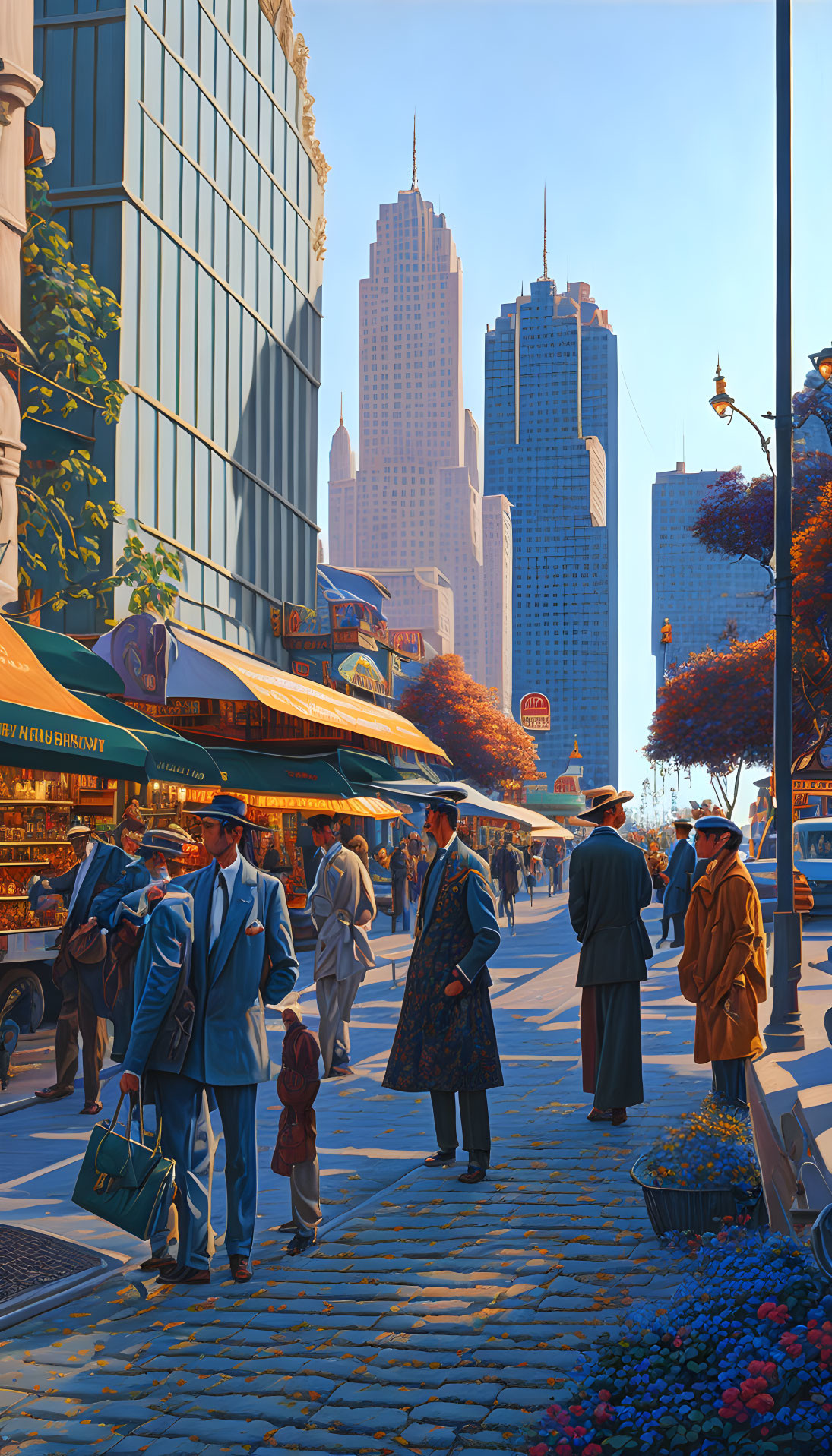 Vintage-themed cityscape with pedestrians, tall buildings, and colorful storefronts