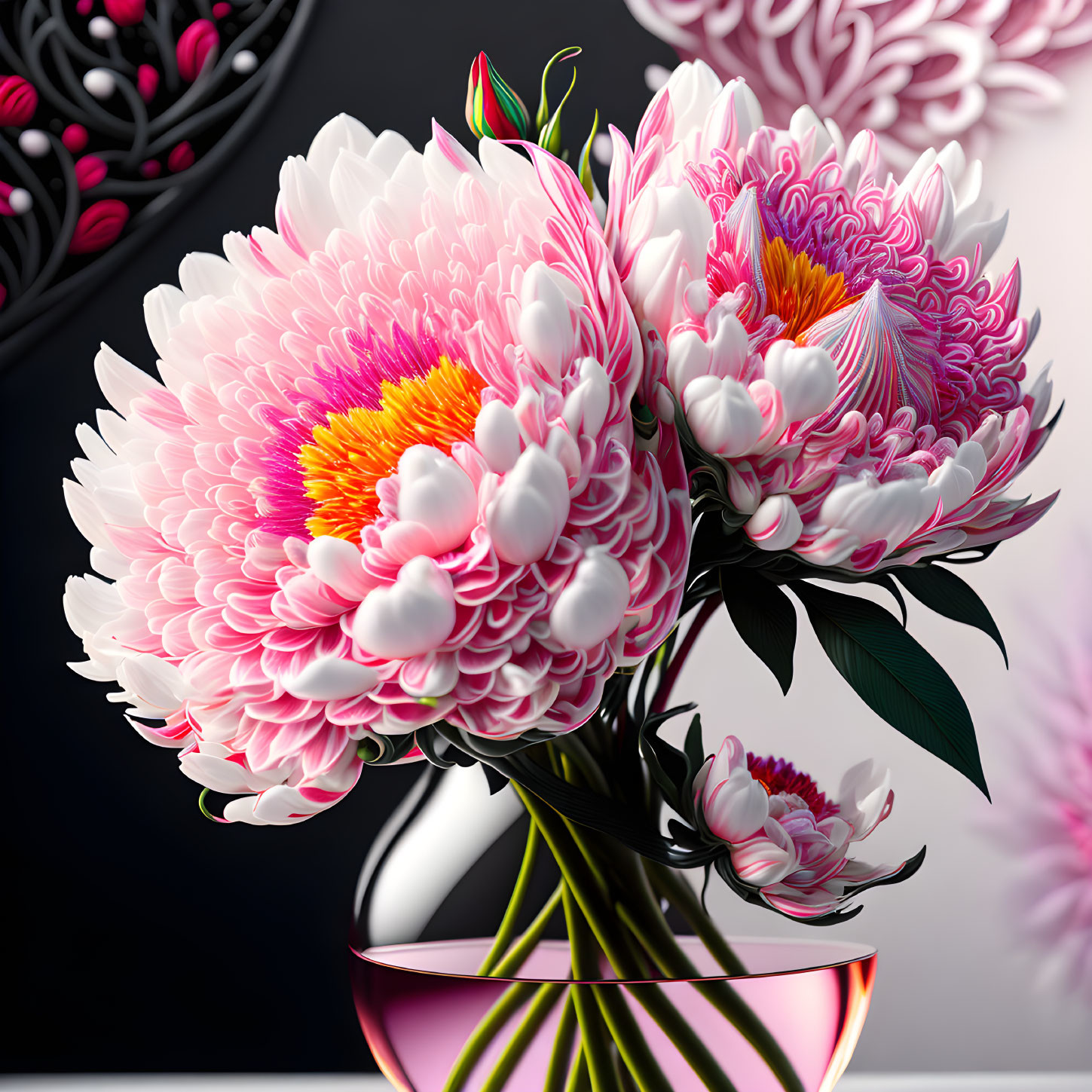 Detailed pink chrysanthemums in reflective vase on monochrome floral backdrop