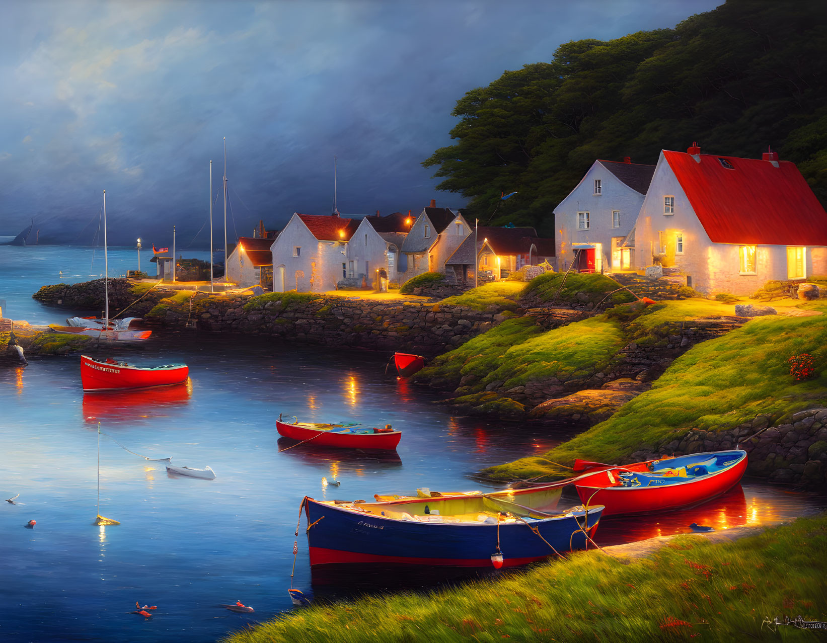 Tranquil Coastal Village with Red Boats, Glowing Houses, and Misty Mountains at D
