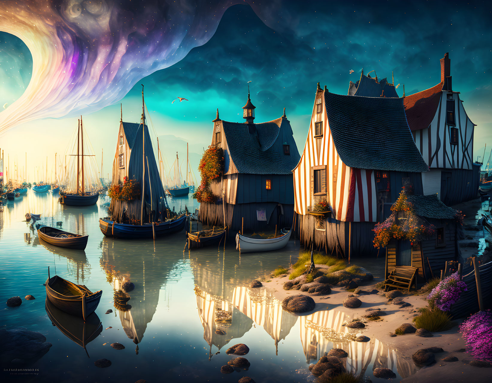 Traditional houses, moored boats, purple flora, and cosmic sky in serene harbor