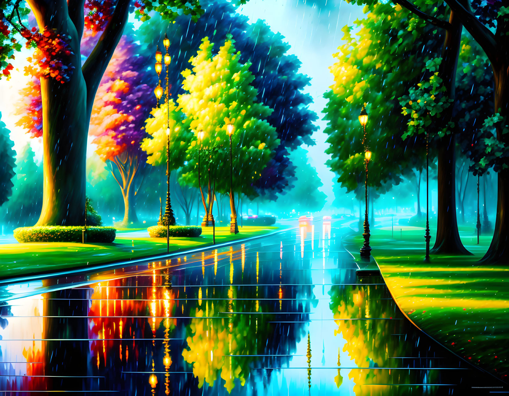 Colorful Trees Reflecting on Rain-Soaked Park with Luminescent Glow