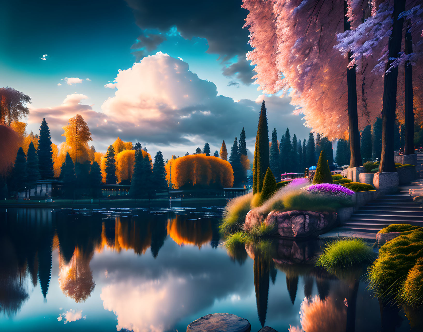 Colorful surreal landscape with cherry blossoms, autumn trees, tranquil lake, and vivid sky.