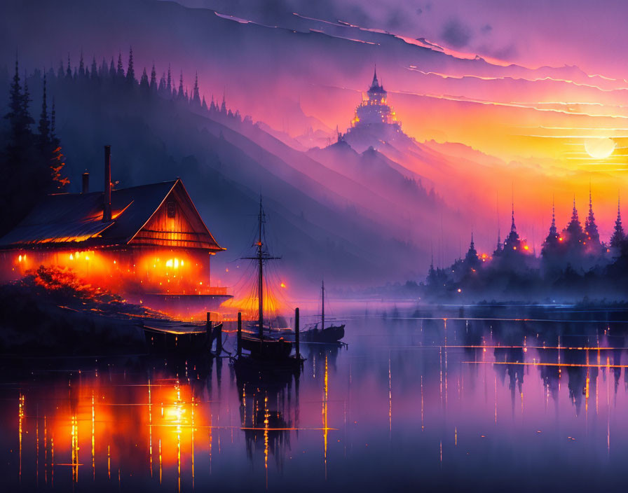 Tranquil twilight lake cabin with boats, castle silhouette, and purple mountains