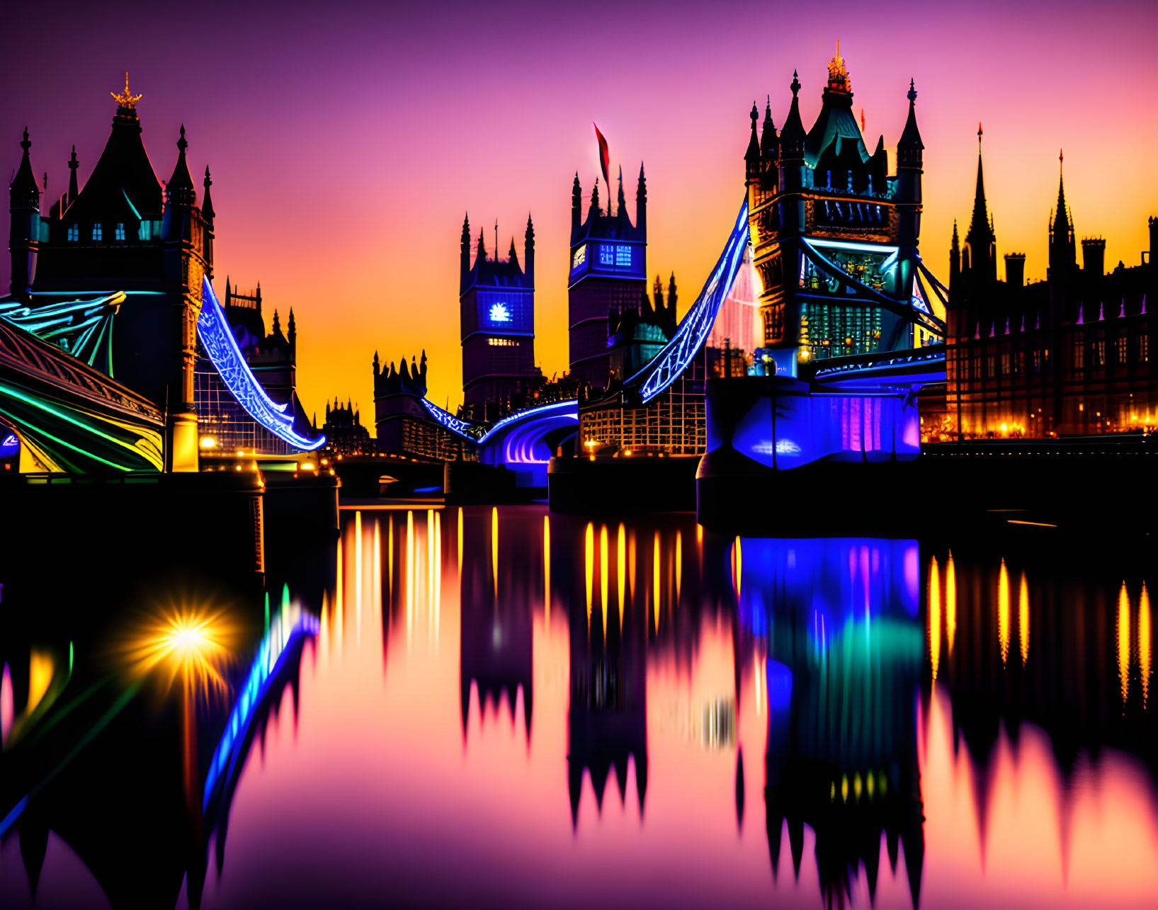 Twilight skyline with Tower Bridge and neon reflections over water