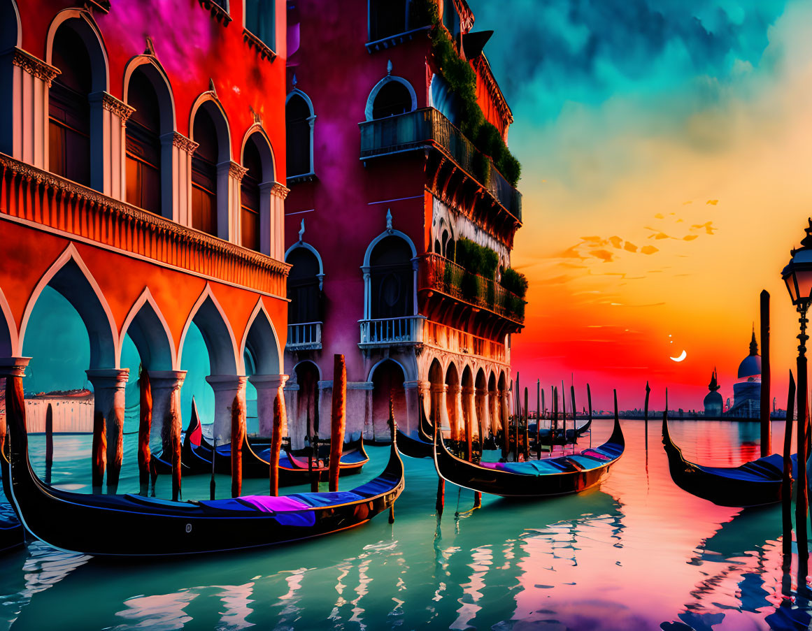 Vibrant Sunset Sky Over Colorful Venetian Canal Buildings