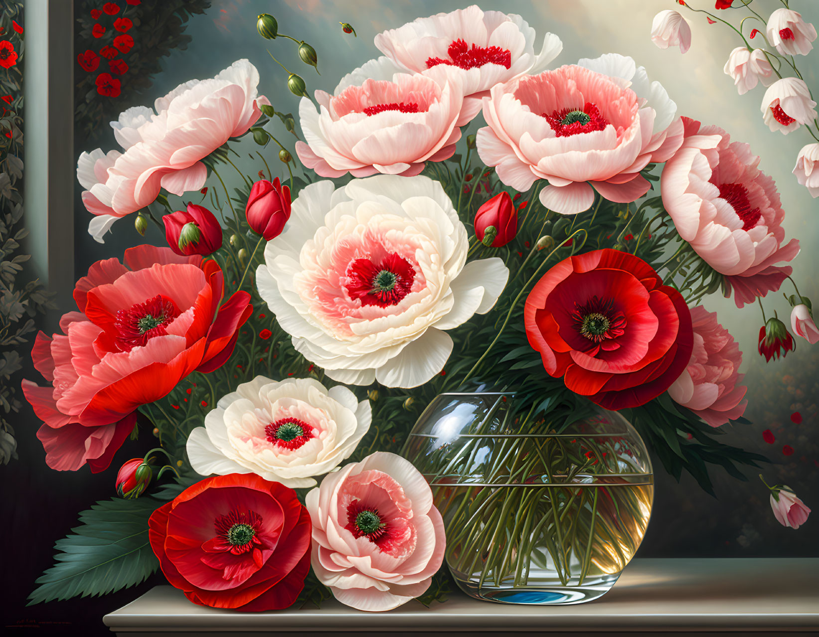 Red and White Poppies in Round Vase on Muted Background