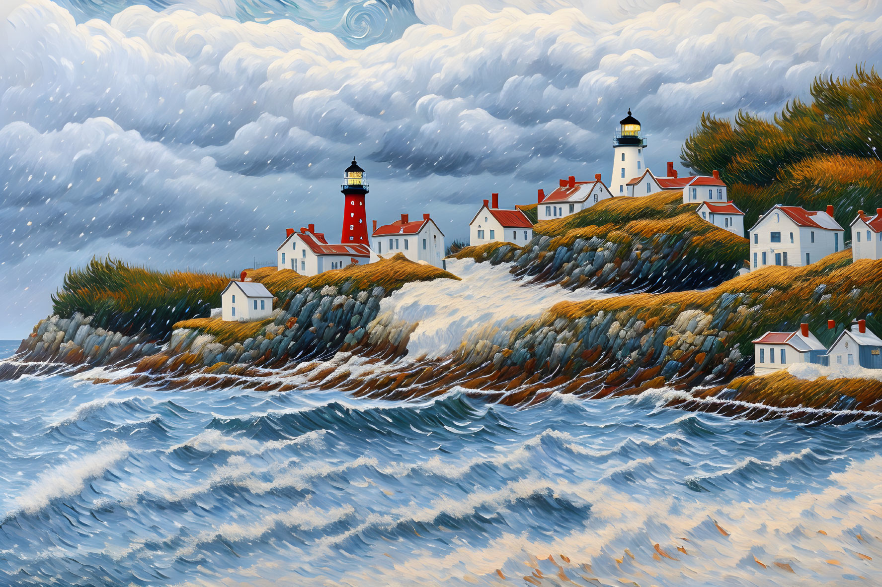 Stormy Coastal Scene with Red and White Lighthouse and Tumultuous Ocean Waves