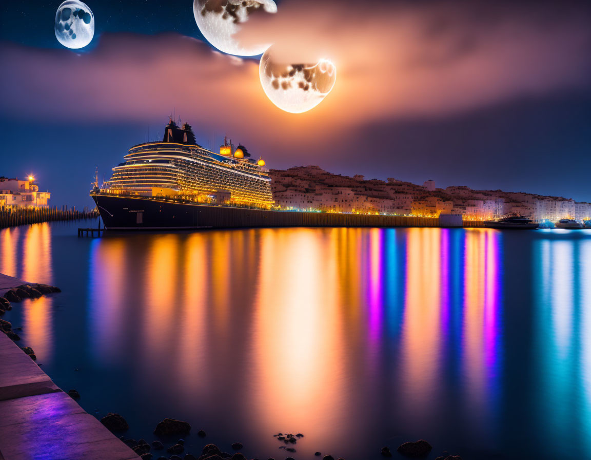 Cruise ship at night with colorful reflections and triple moon effect