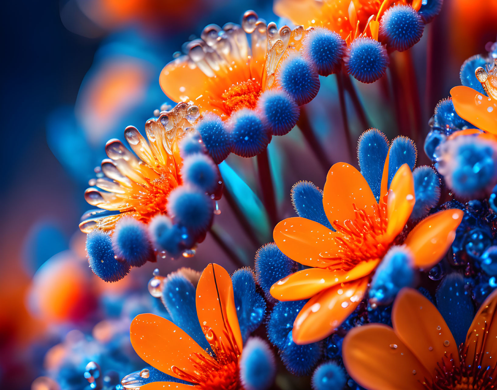 Orange and Blue Flowers with Water Droplets on Petals in Fresh Dewy Look