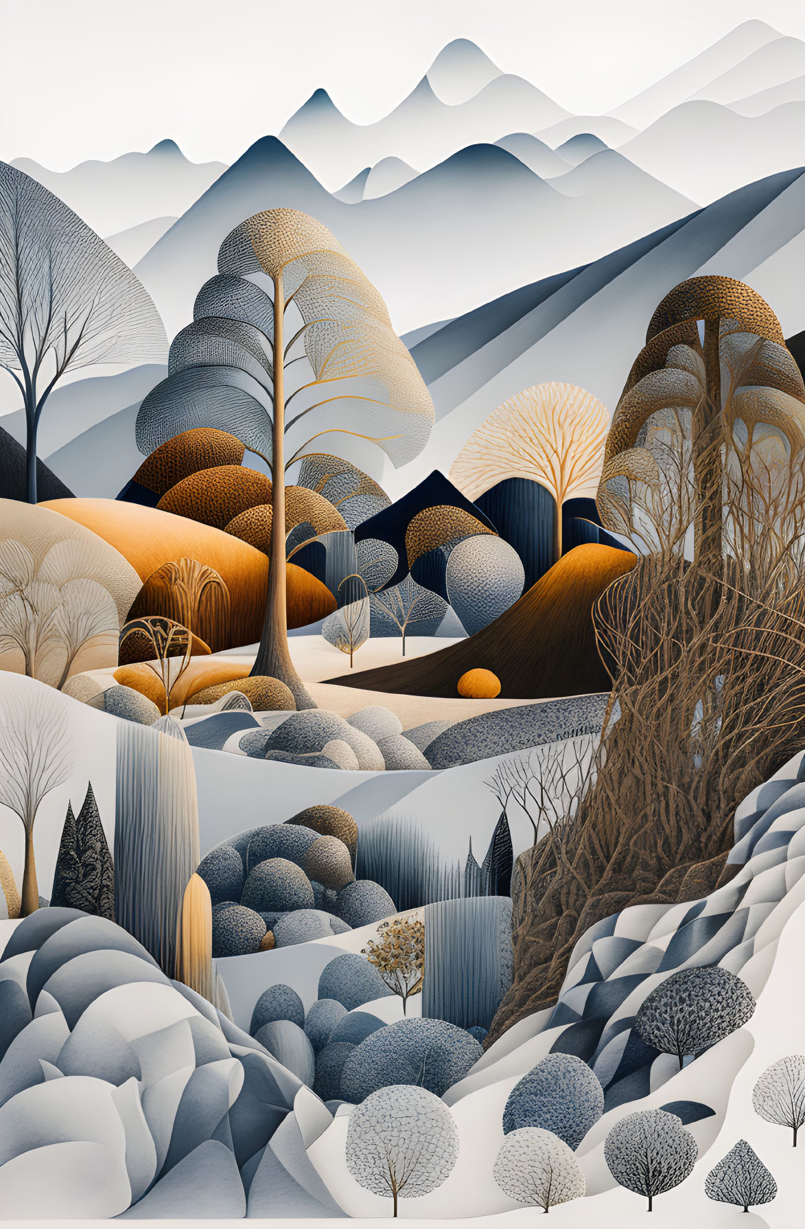 Stylized landscape with intricate tree patterns and misty mountains