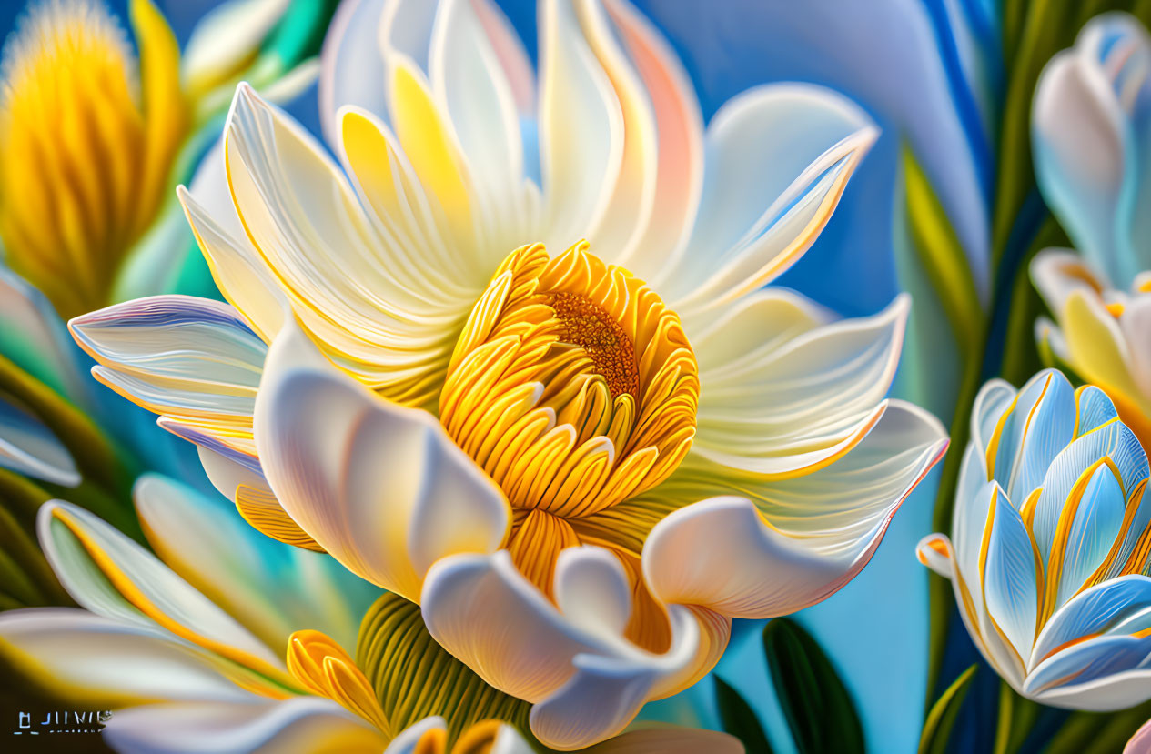 Colorful Stylized Flower Digital Art in Blue, White, Yellow Palette