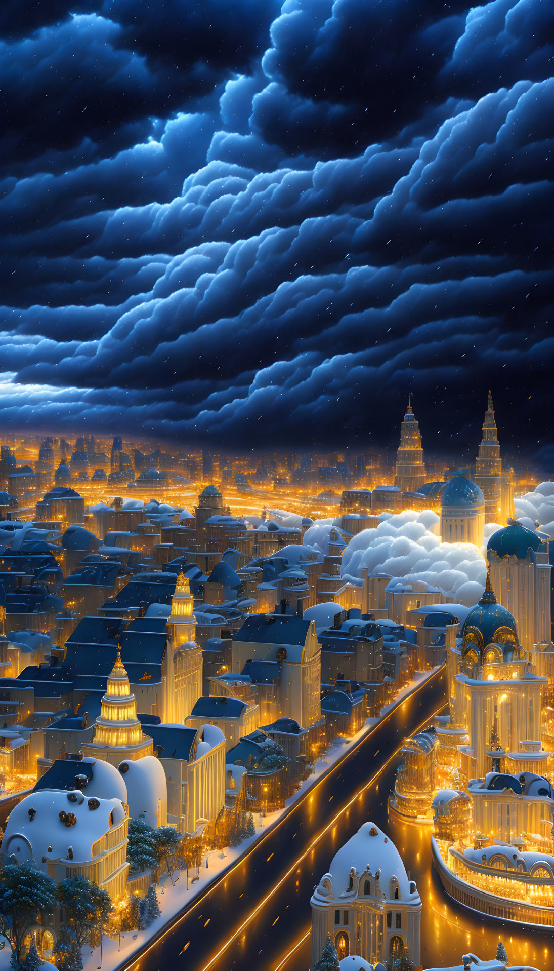 Futuristic cityscape at night with illuminated buildings and dramatic sky