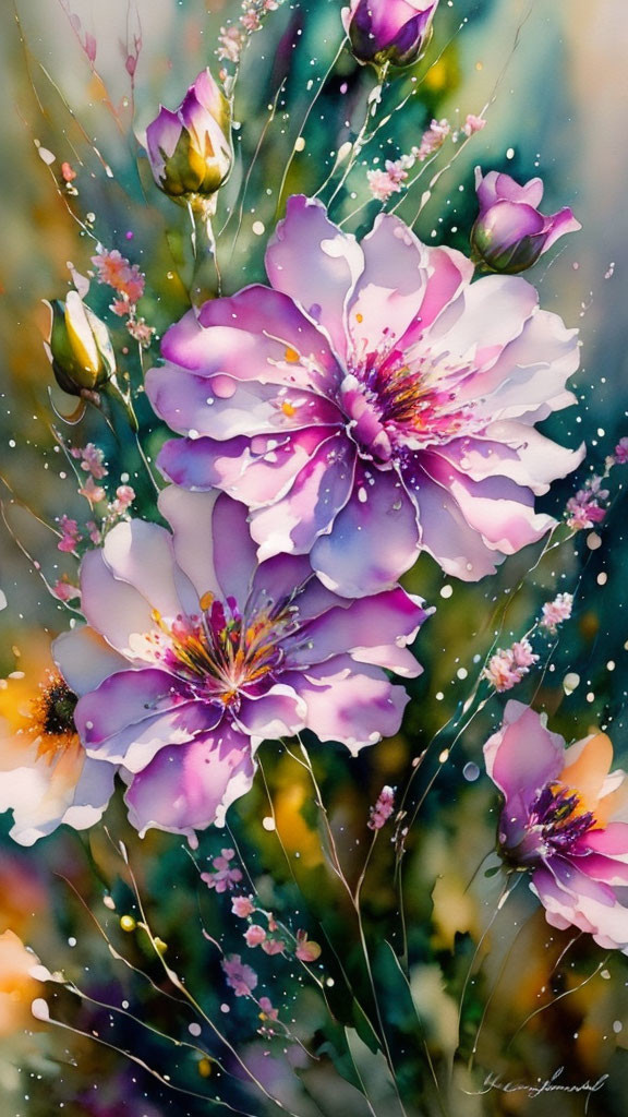 Colorful Watercolor Painting of Purple and Pink Flowers with Delicate Petals