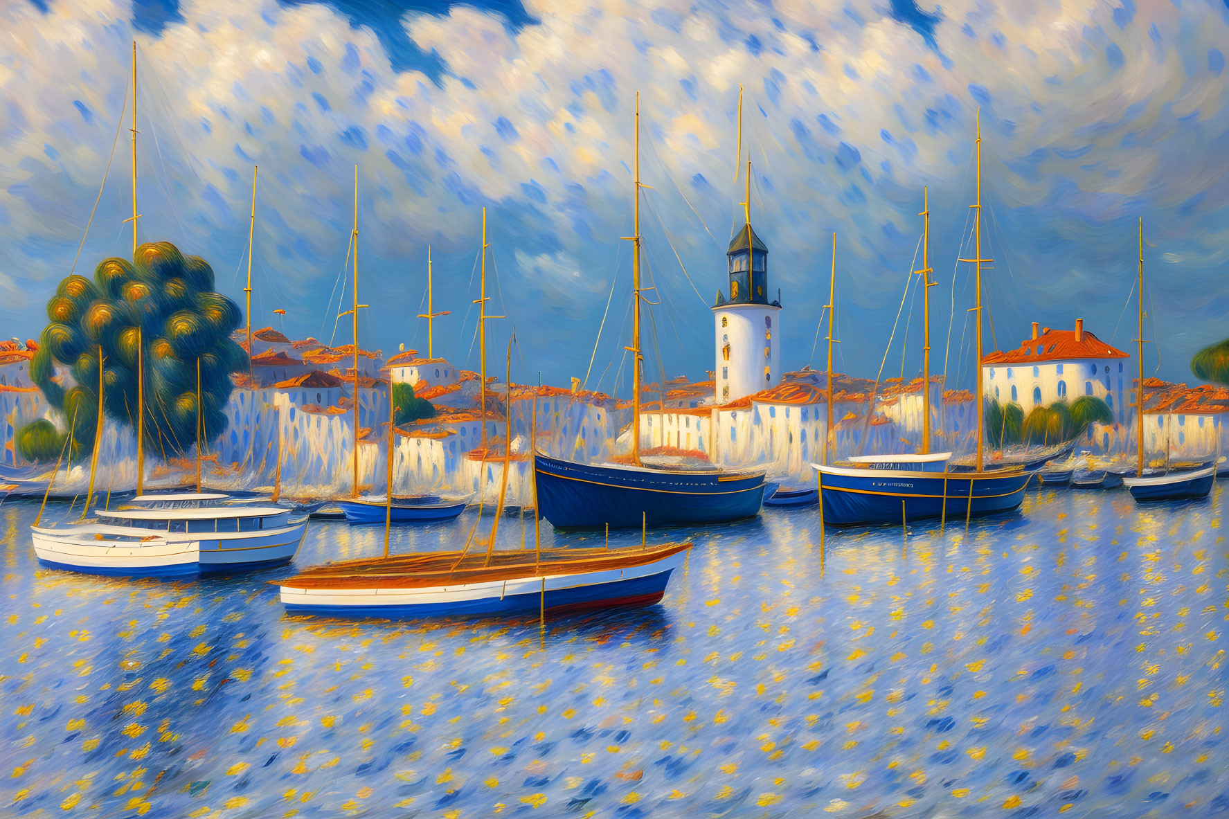 Harbor scene with boats, lighthouse, and impressionist sky