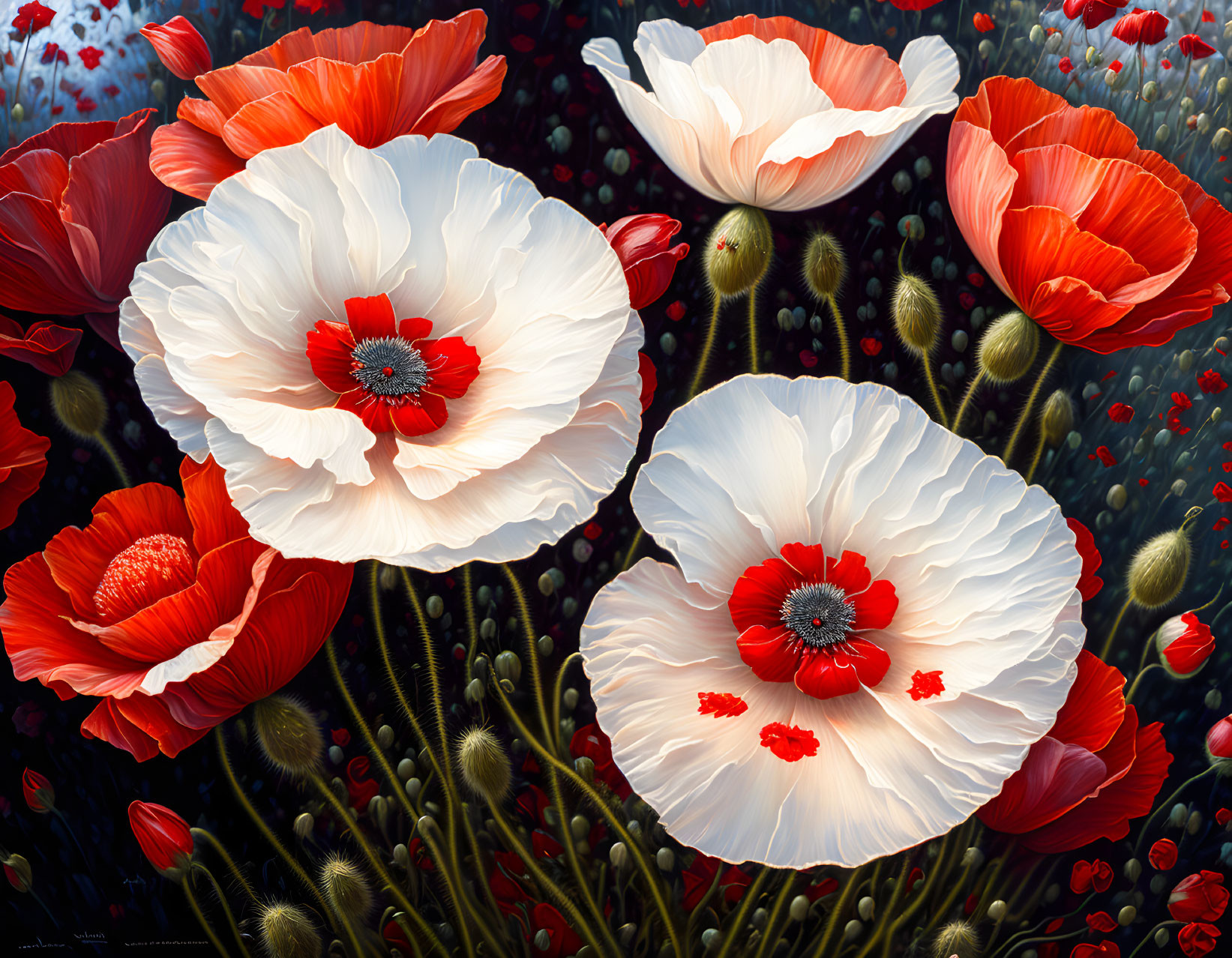 Vibrant Red and White Poppies on Dark Background