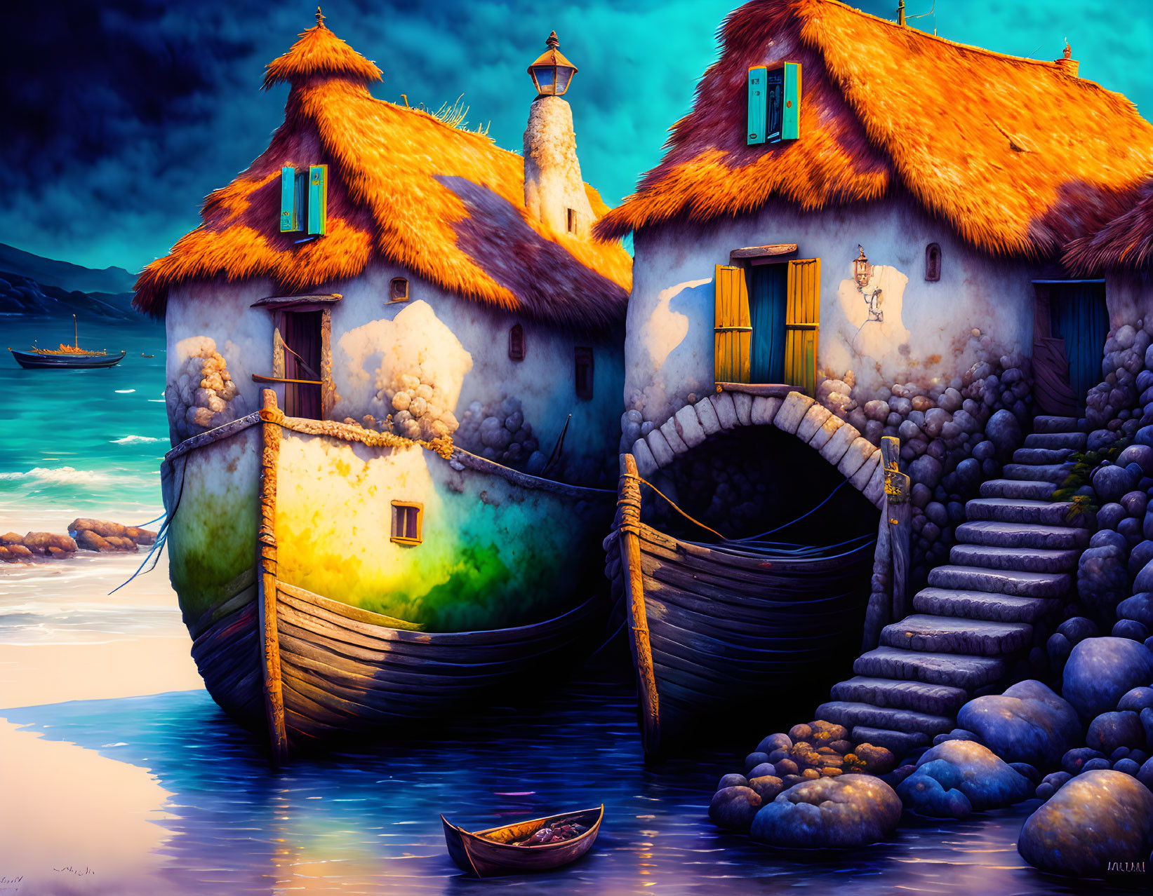 Coastal Scene Digital Artwork: Whimsical Cottage, Lighthouse, Boats, Stone