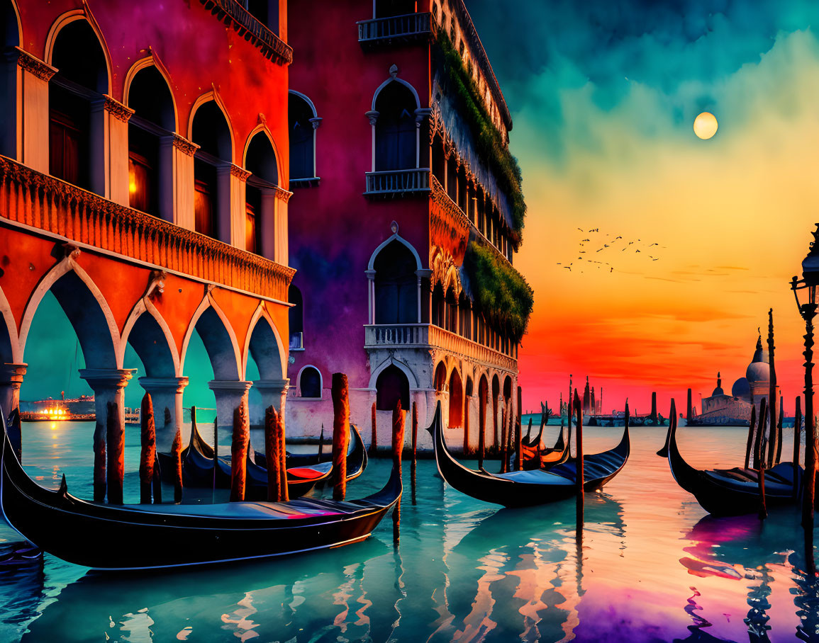 Scenic Venetian Canal with Gondolas and Sunset Sky