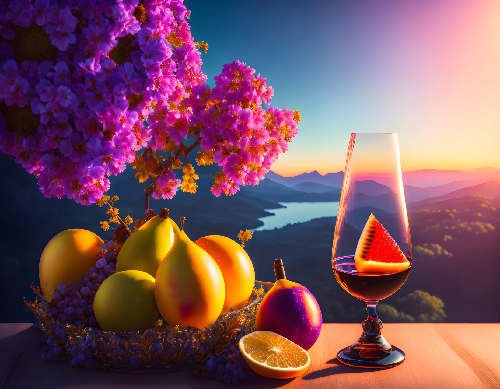 Scenic sunset view with wine glass and fruit platter