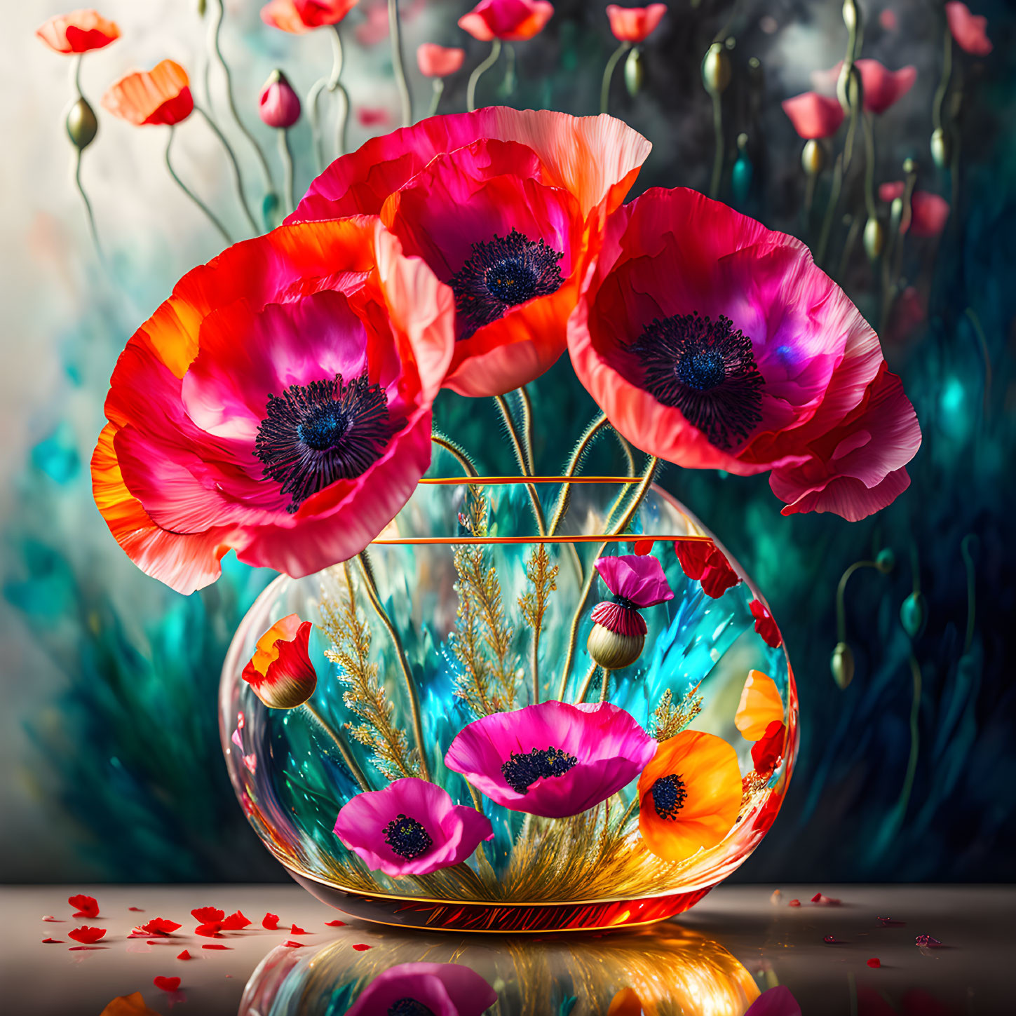 Red poppies in round vase with peacock feathers on ethereal backdrop