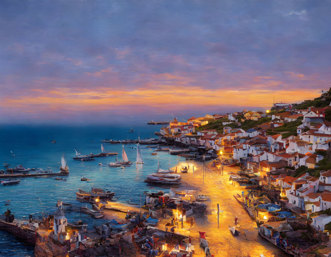 Scenic coastal village at dusk with warm lights and boats under vibrant sky