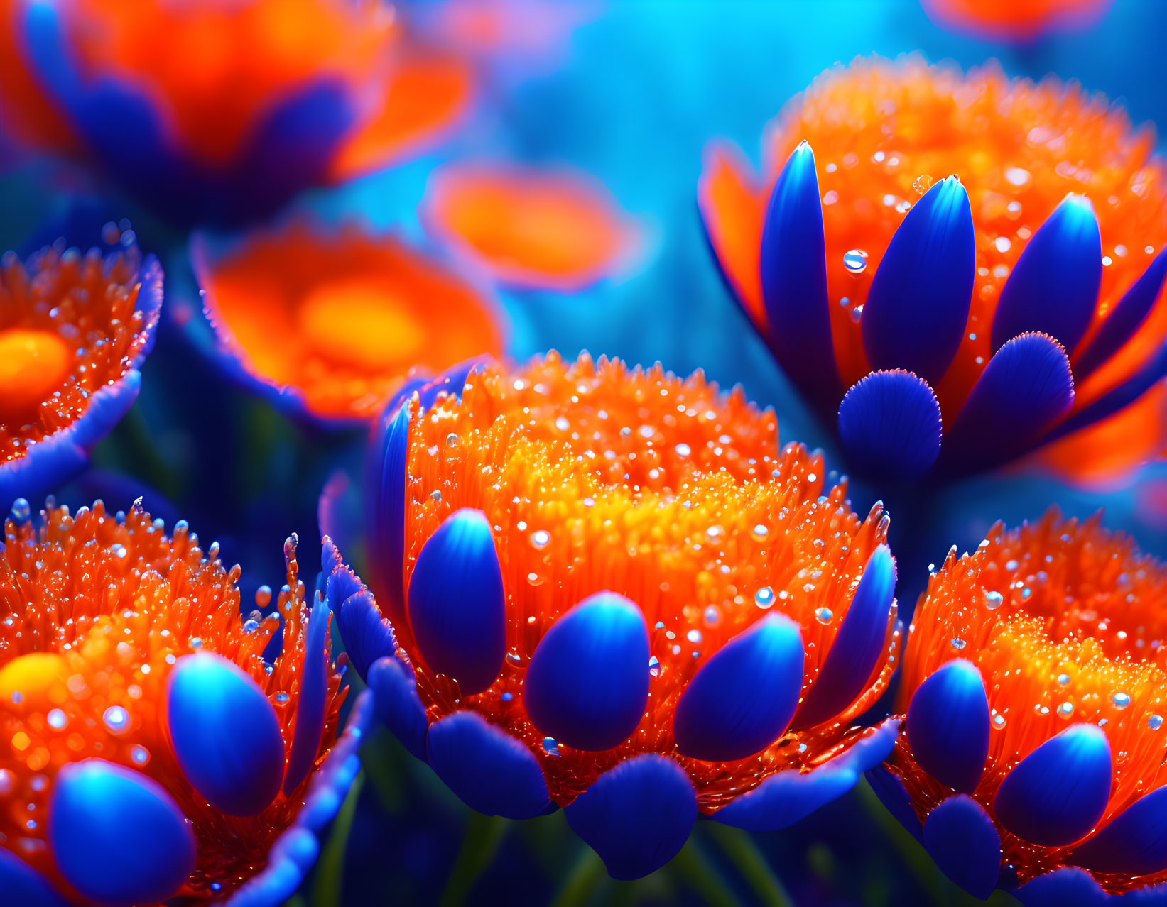 Bright Orange Flowers with Dewdrops on Blue Background