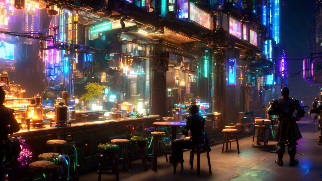 Futuristic neon-lit bar with robot bartender and glowing bottles