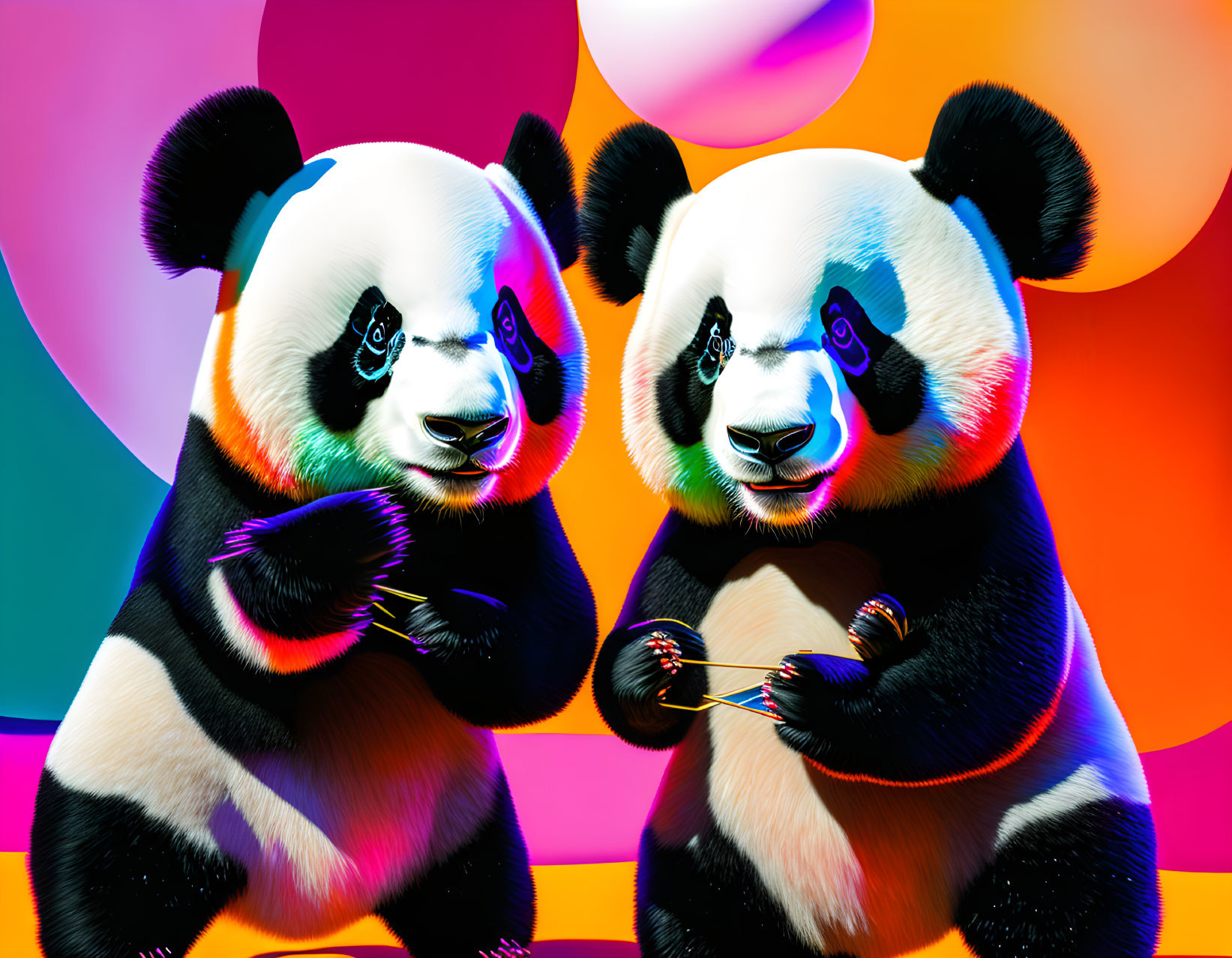 Stylized vibrant panda figures on multicolored backdrop with glasses.