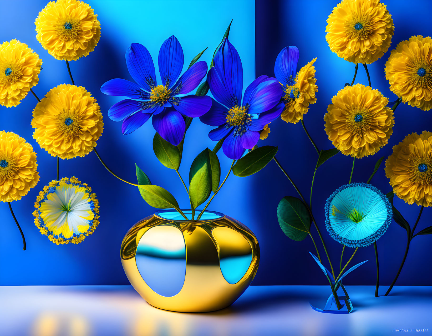 Colorful Still Life with Yellow and Blue Flowers in Gold Vase