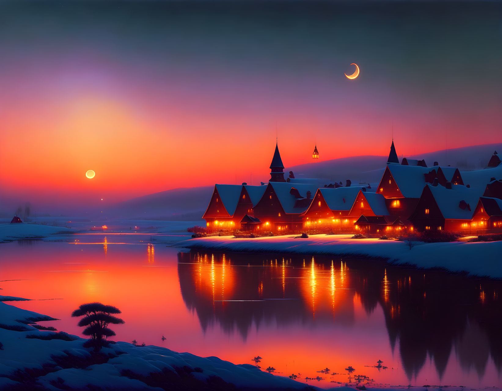 Winter Dusk: Crescent Moon, Snow Village, River Reflections