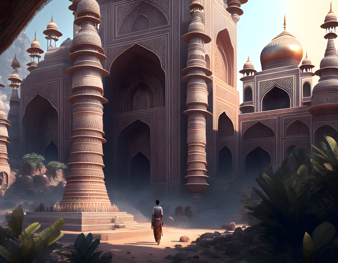 Person in Traditional Attire Walking Towards Ornate Palatial Buildings in Desert Landscape