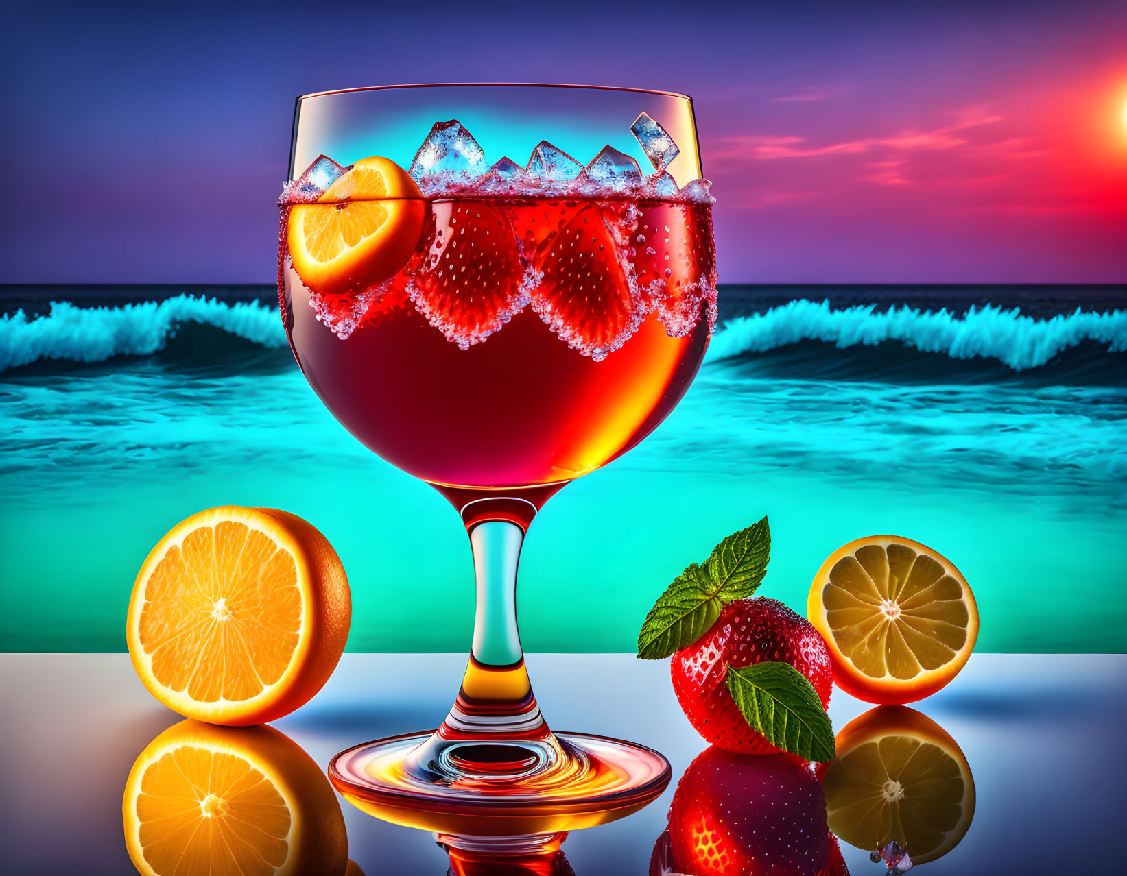 Colorful Cocktail with Ice, Orange Slice, Oranges, Strawberries, and Mint on Sunset Ocean