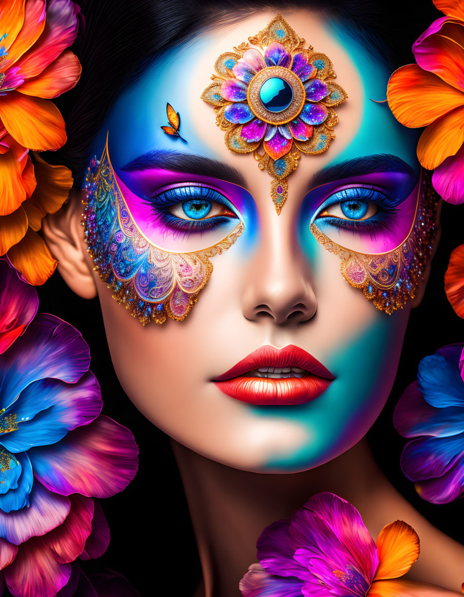 Colorful Woman with Mandala Forehead Art and Flowers