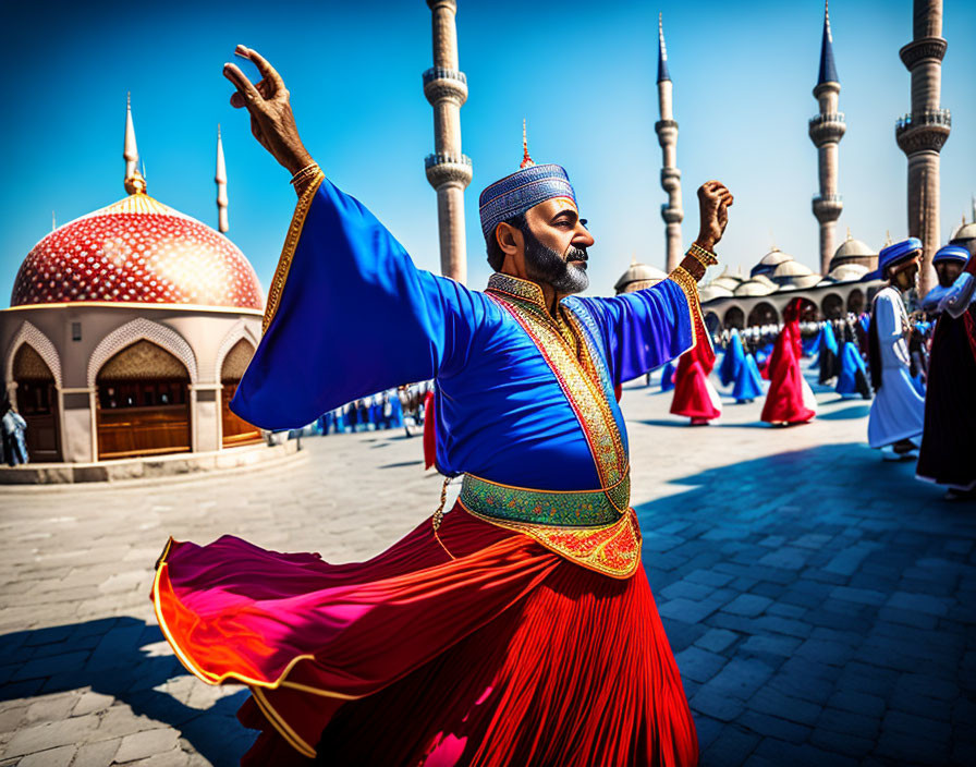 Colorful traditional dance performance with performer in blue and red attire against mosque backdrop.