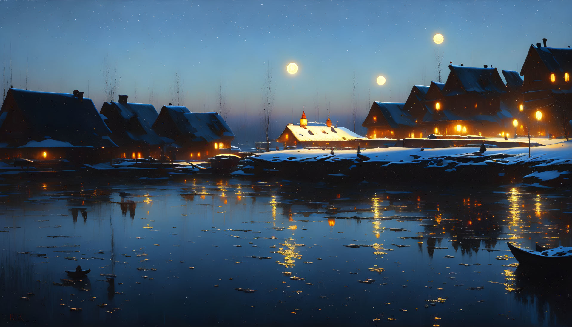 Snow-covered village at night: glowing windows, frozen river, moonlight.