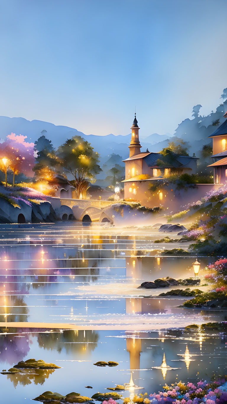 Tranquil Riverside Village Twilight Scene