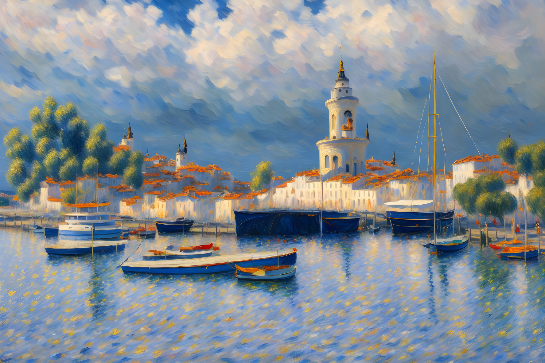 Tranquil harbor painting with boats, town, and white tower under cloudy sky