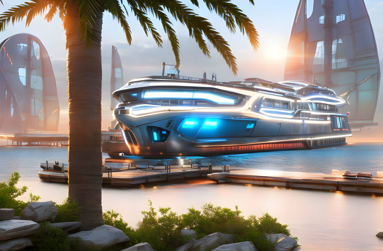 Sleek futuristic yacht in modern marina at sunrise