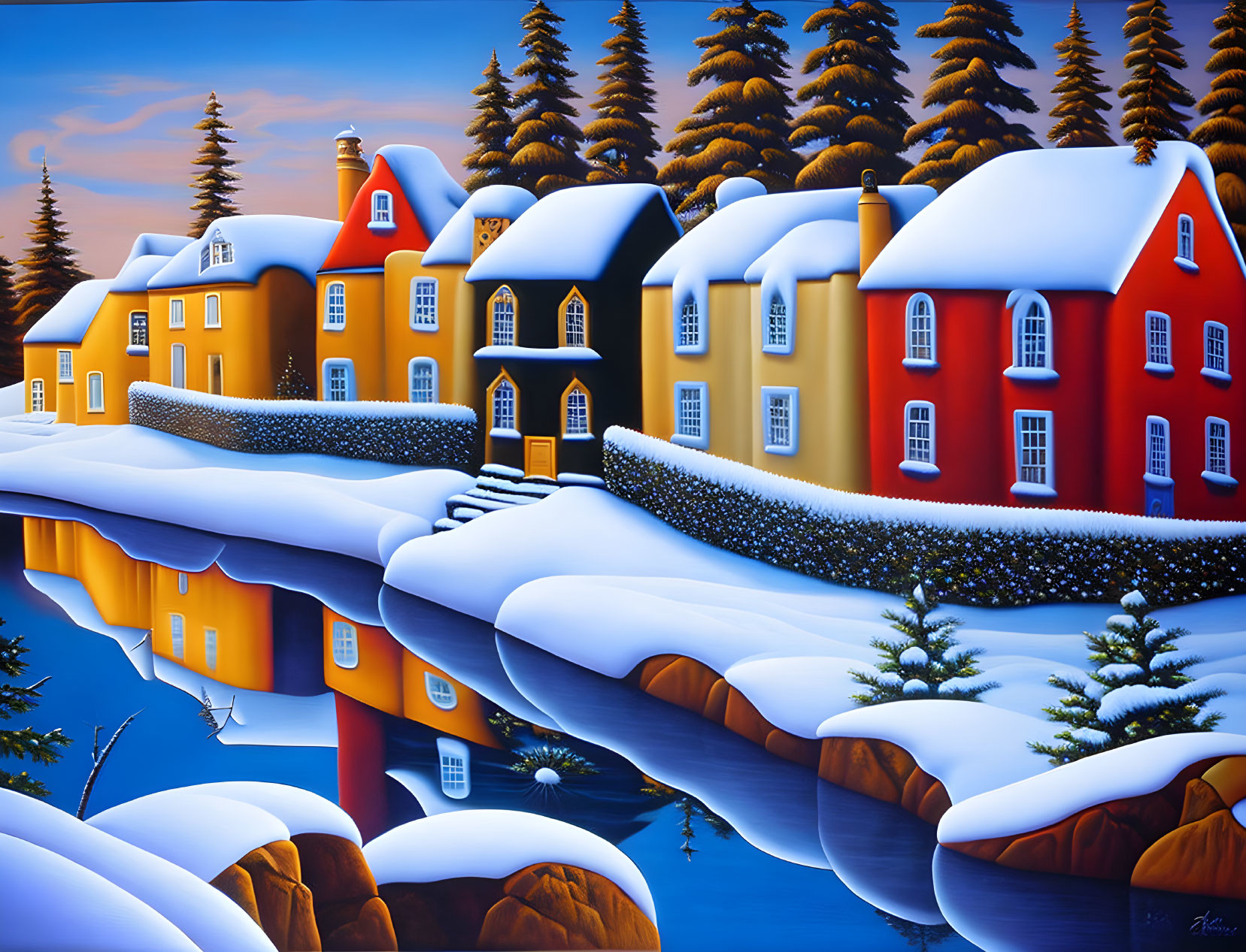 Curved street with colorful houses and snow-covered roofs by tranquil blue river