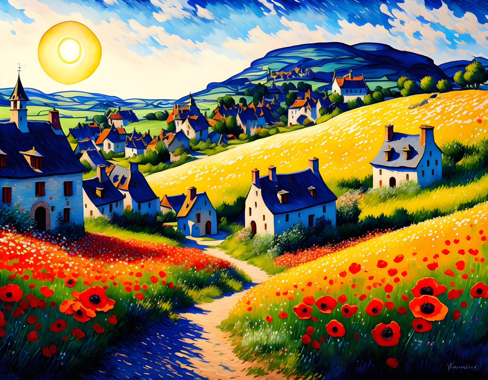 Vibrant painting of picturesque village with blooming fields and traditional houses