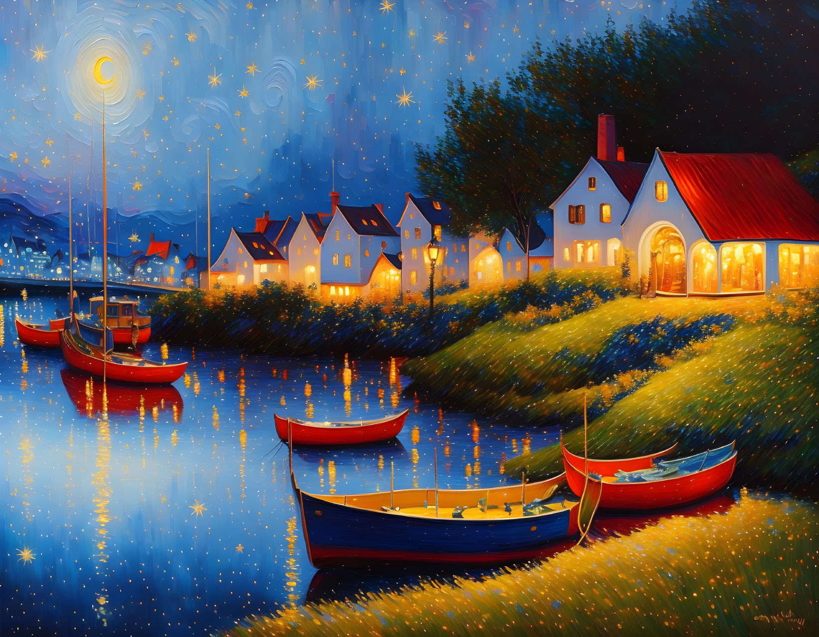 Vibrant painting of starry night over riverside village