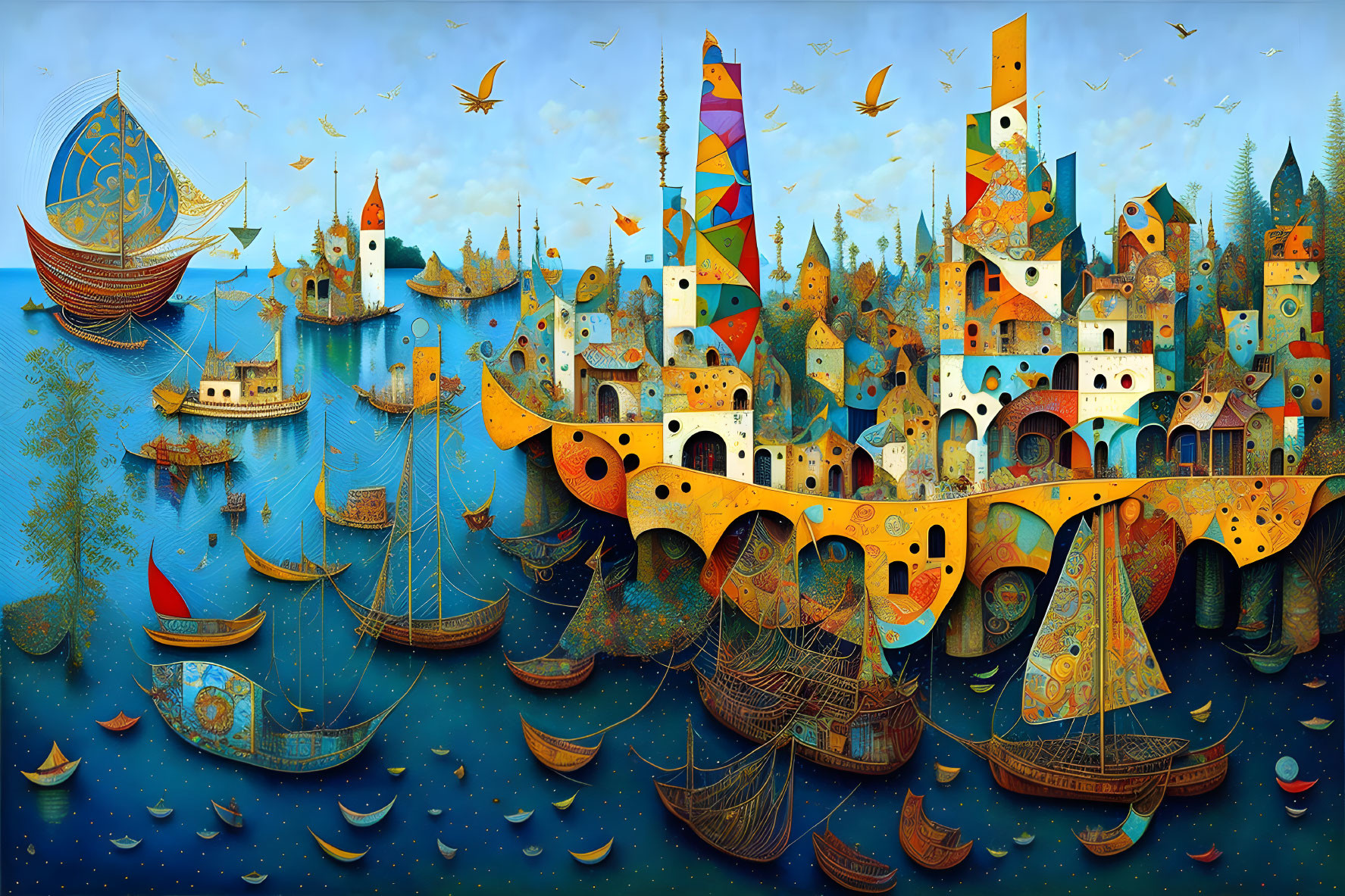 Colorful, whimsical seascape with patchwork buildings and elaborate boats