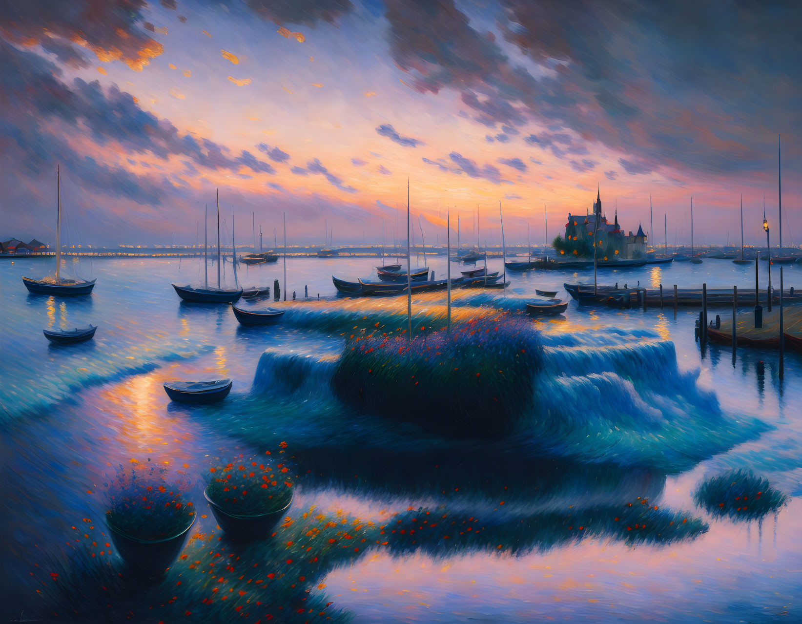 Twilight harbor scene with boats, castle, and orange sky reflections