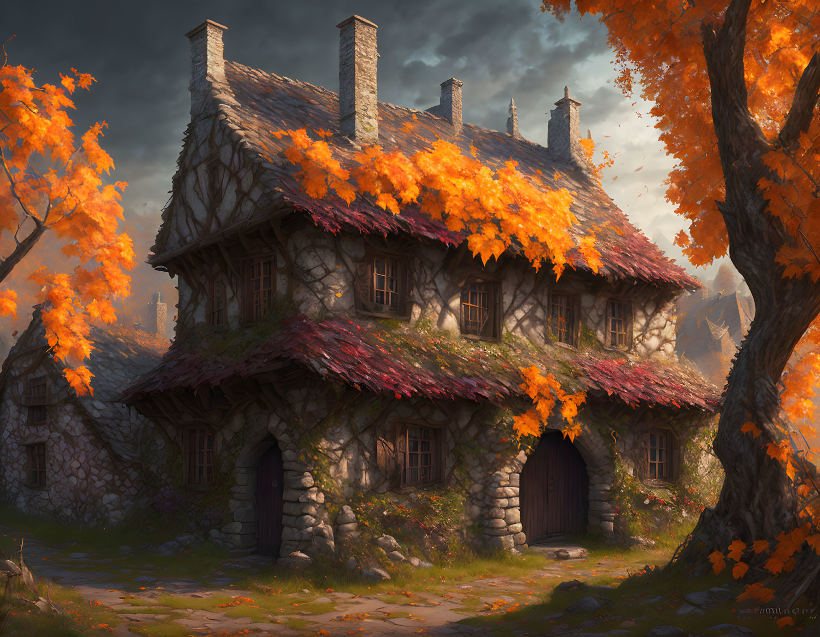 Stone Cottage Surrounded by Autumnal Orange Leaves