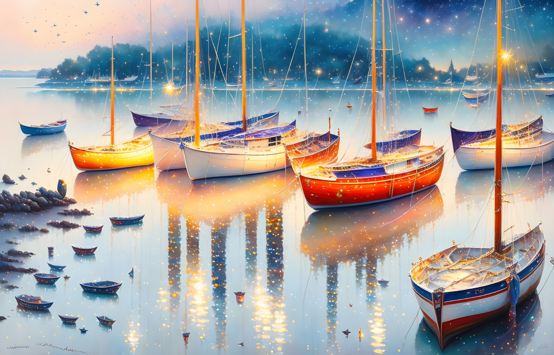 Tranquil harbor scene: sailboats, twinkling lights, calm waters, twilight sky.