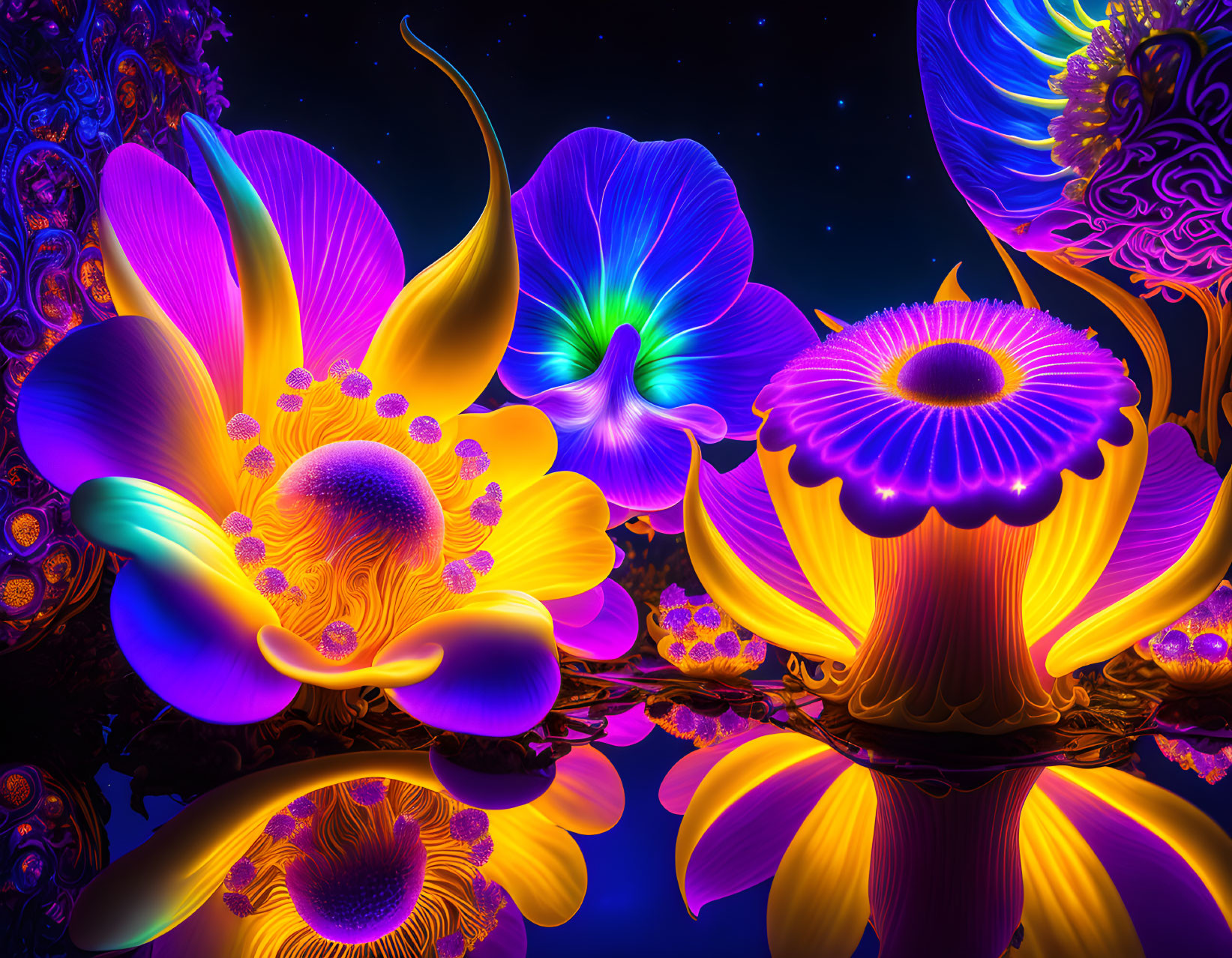 Neon-colored flowers on glossy surface under starry night