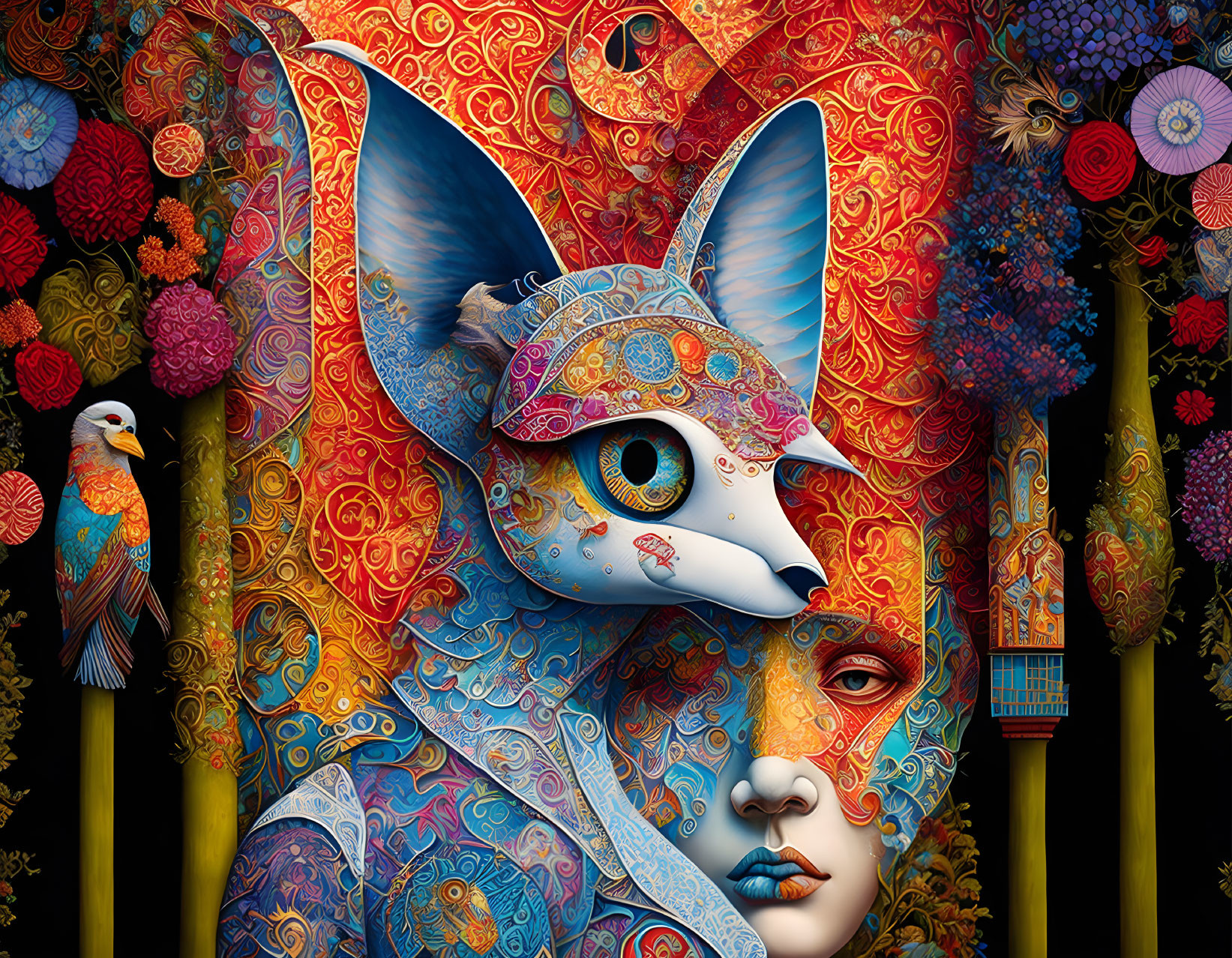 Detailed illustration of woman's face merged with cat elements in colorful setting